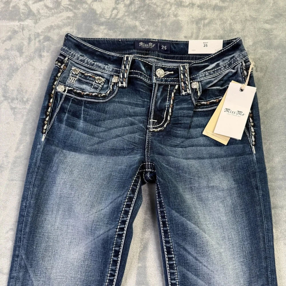 Miss Me Mid Rise Bootcut Jeans Dark Wash Embroidered Sequin Size 25x34 NEW